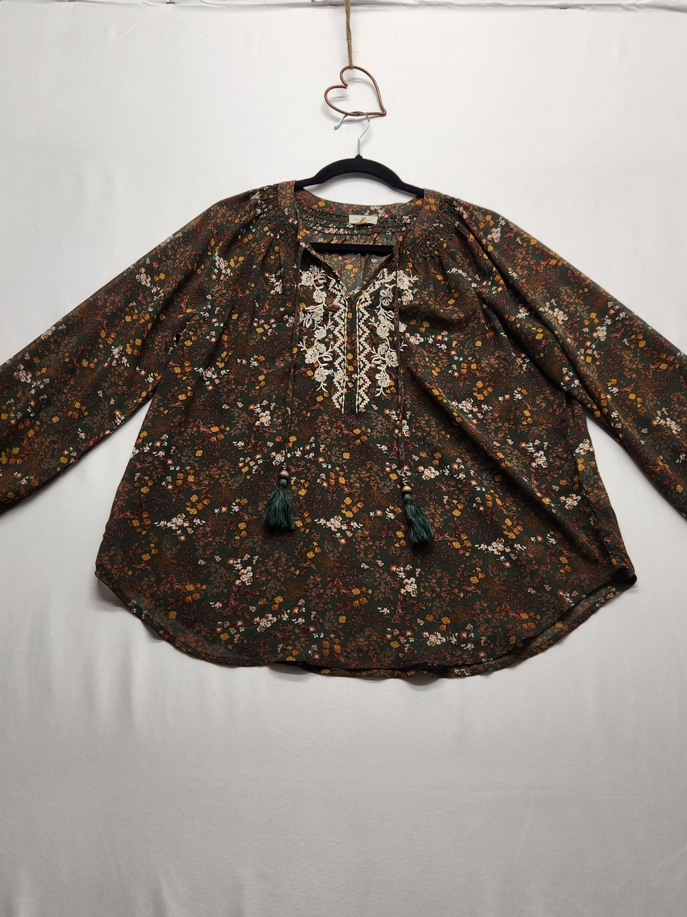 ⭐️Mason & Belle Sheer Green & Brown Floral Boho Peasant Blouse  Festival Larg